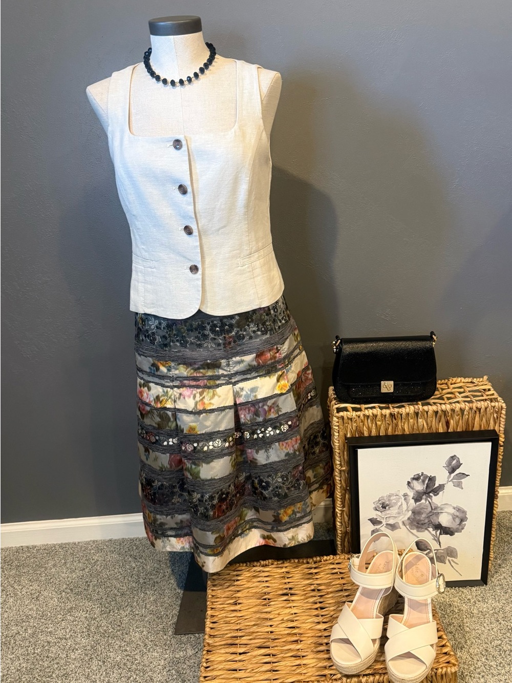 Harold's Cream and Multi Floral Tiered Midi Skirt